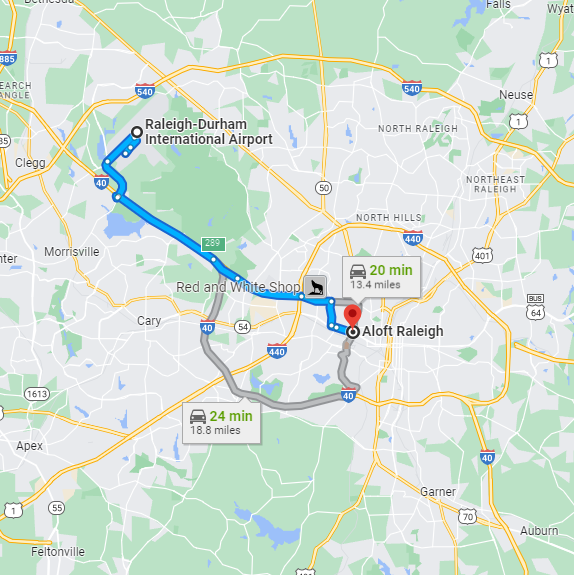 Driving map from airport to Aloft Raleigh showing main freeway routes and approximately 20 minute drive time